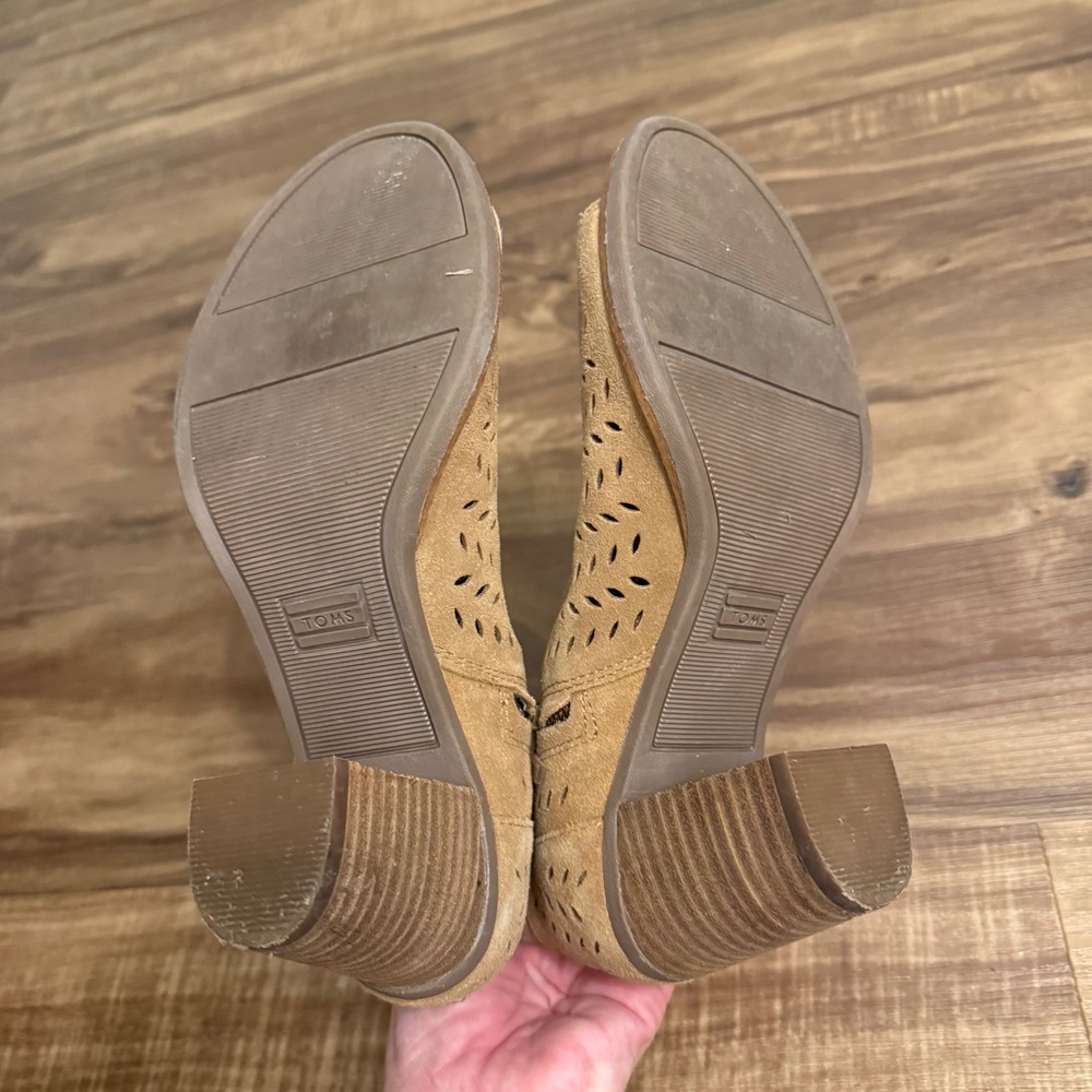 Toms Majorca Peep Toe Booties Suede‎ Leather Ankle Boots Heeled Tan Sz 6.5 - Picture 7 of 8